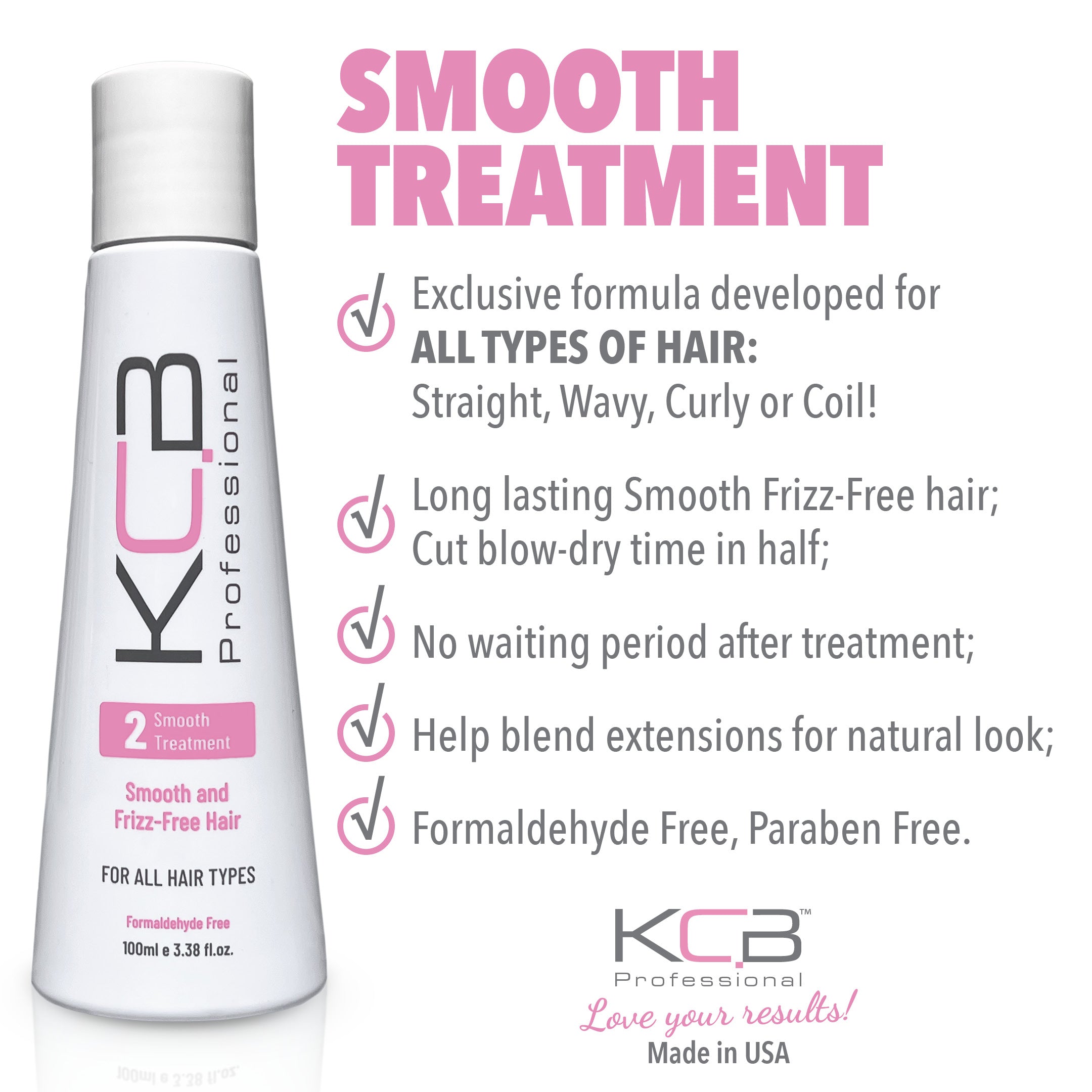 KCB Professional Smooth System, 2 Steps Brazilian Keratin Hair Treatment for Smoothing and Hair Frizz Control, Complex Blowout, Straightening, All Hair Types, Formaldehyde Free, 3.38 Fl oz / 100ml Kit