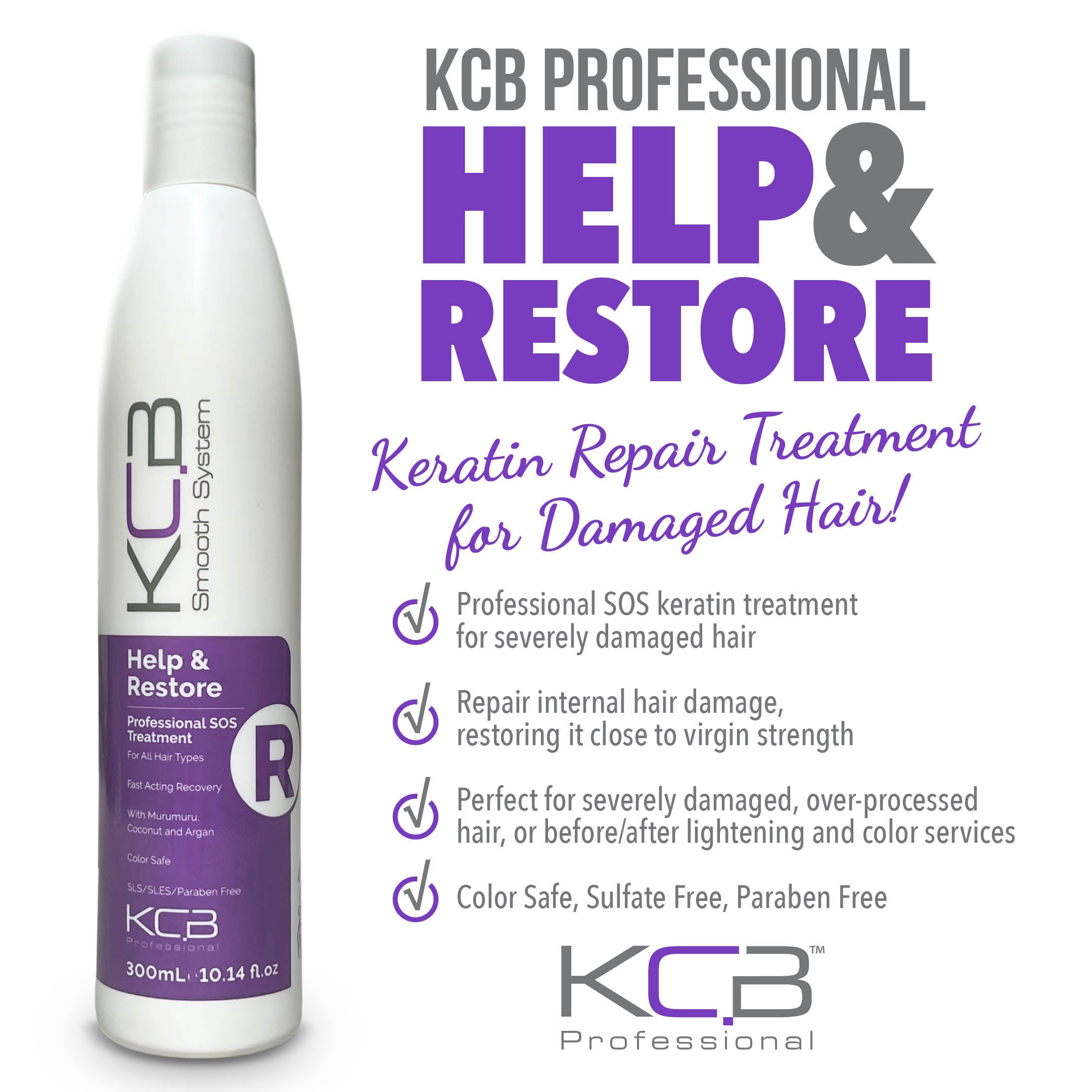 KCB Professional Smooth Help and Restore, SOS Keratin Hair Repair Treatment for Dry or Damaged Hair. Repair Hair Damage from Heat, Bleach, Color, and Chemical Services. Smooths and Control Frizz.
