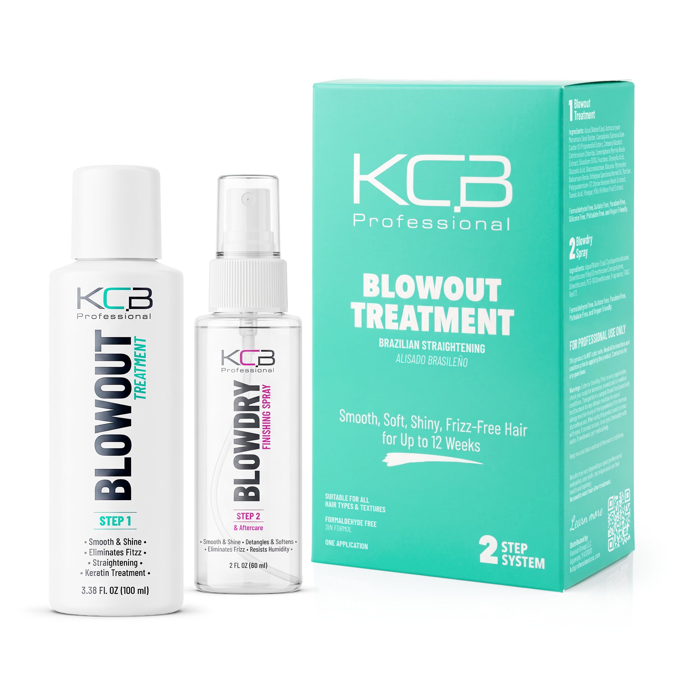 KCB Professional Blowout, 2 Step Keratin Hair Treatment Kit at Home. Keratina para Alisar el Pelo. Brazilian Straightening and Frizz Control, All Hair Types, Formaldehyde Free, 3.38Floz