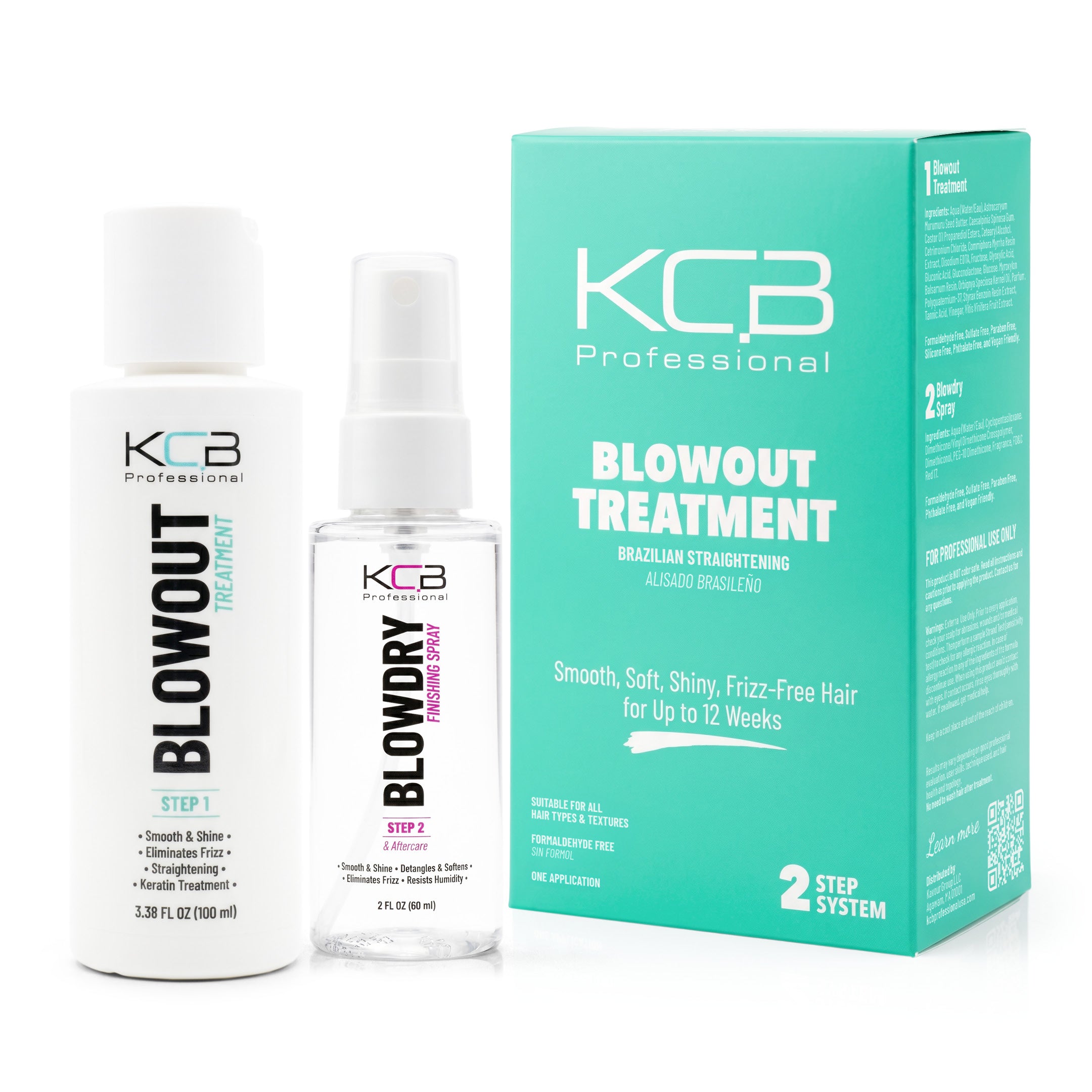 KCB Professional Blowout, 2 Step Keratin Hair Treatment Kit at Home. Keratina para Alisar el Pelo. Brazilian Straightening and Frizz Control, All Hair Types, Formaldehyde Free, 3.38Floz