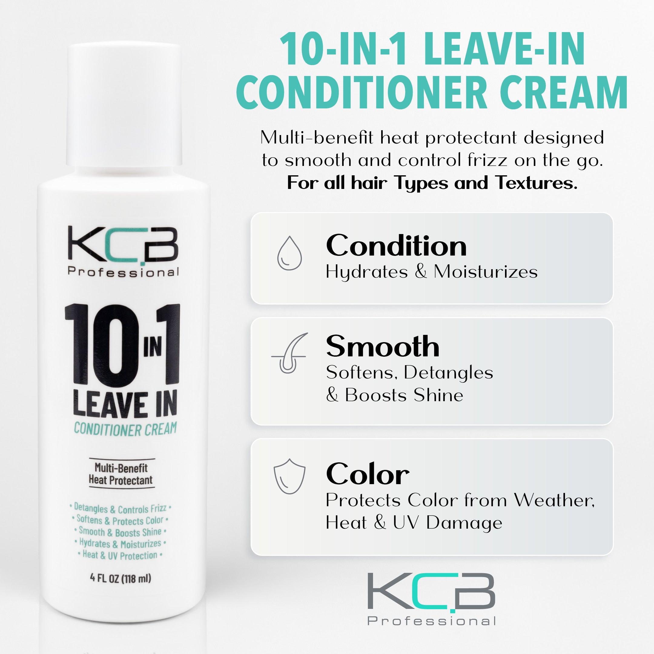 KCB Professional 10 in 1 Leave-in Conditioner Cream, Heat Protectant that Smooths, Conditions, Detangles, Strengthens, and Reduces Frizz, All Hair Types, 4 Fl Oz