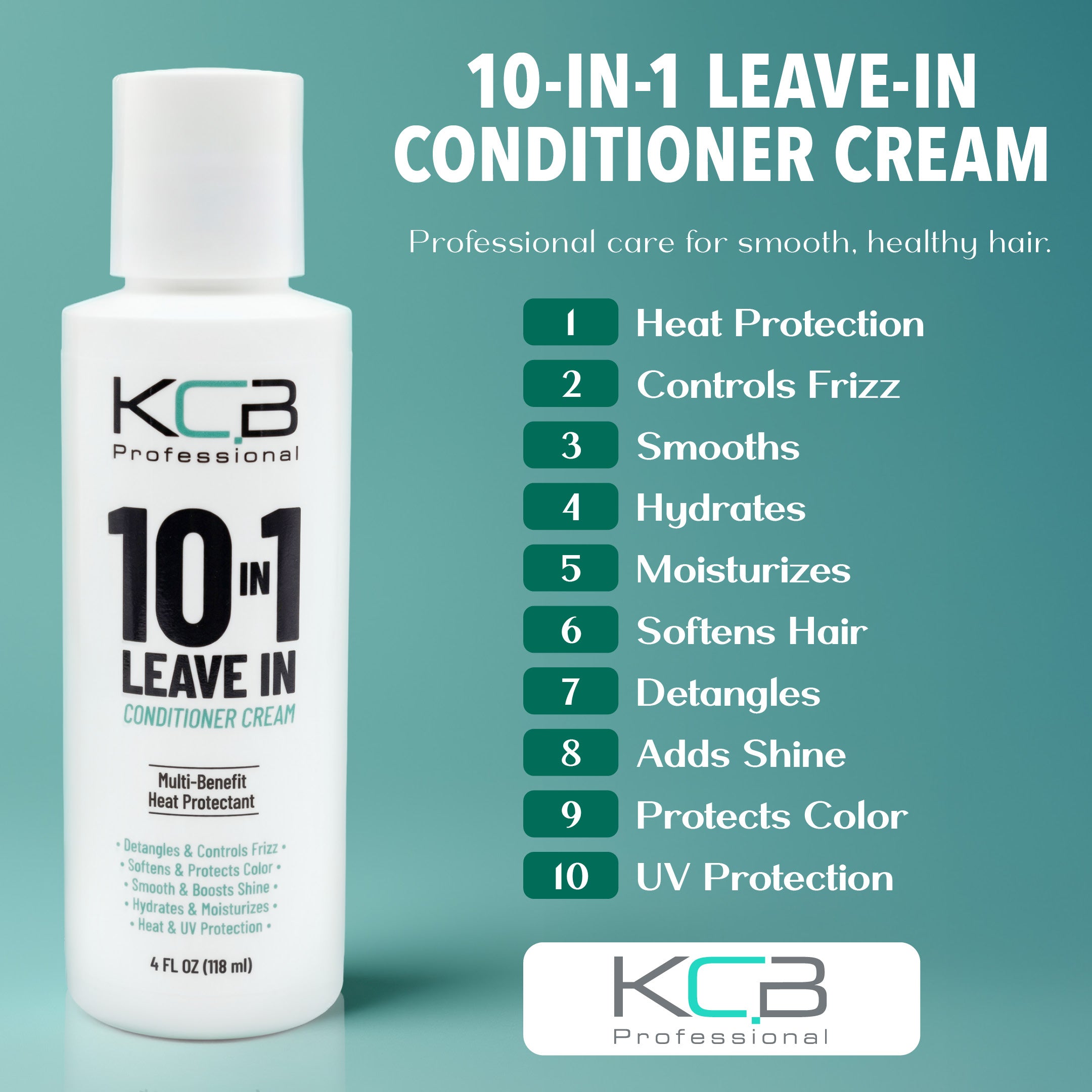 KCB Professional 10 in 1 Leave-in Conditioner Cream, Heat Protectant that Smooths, Conditions, Detangles, Strengthens, and Reduces Frizz, All Hair Types, 4 Fl Oz