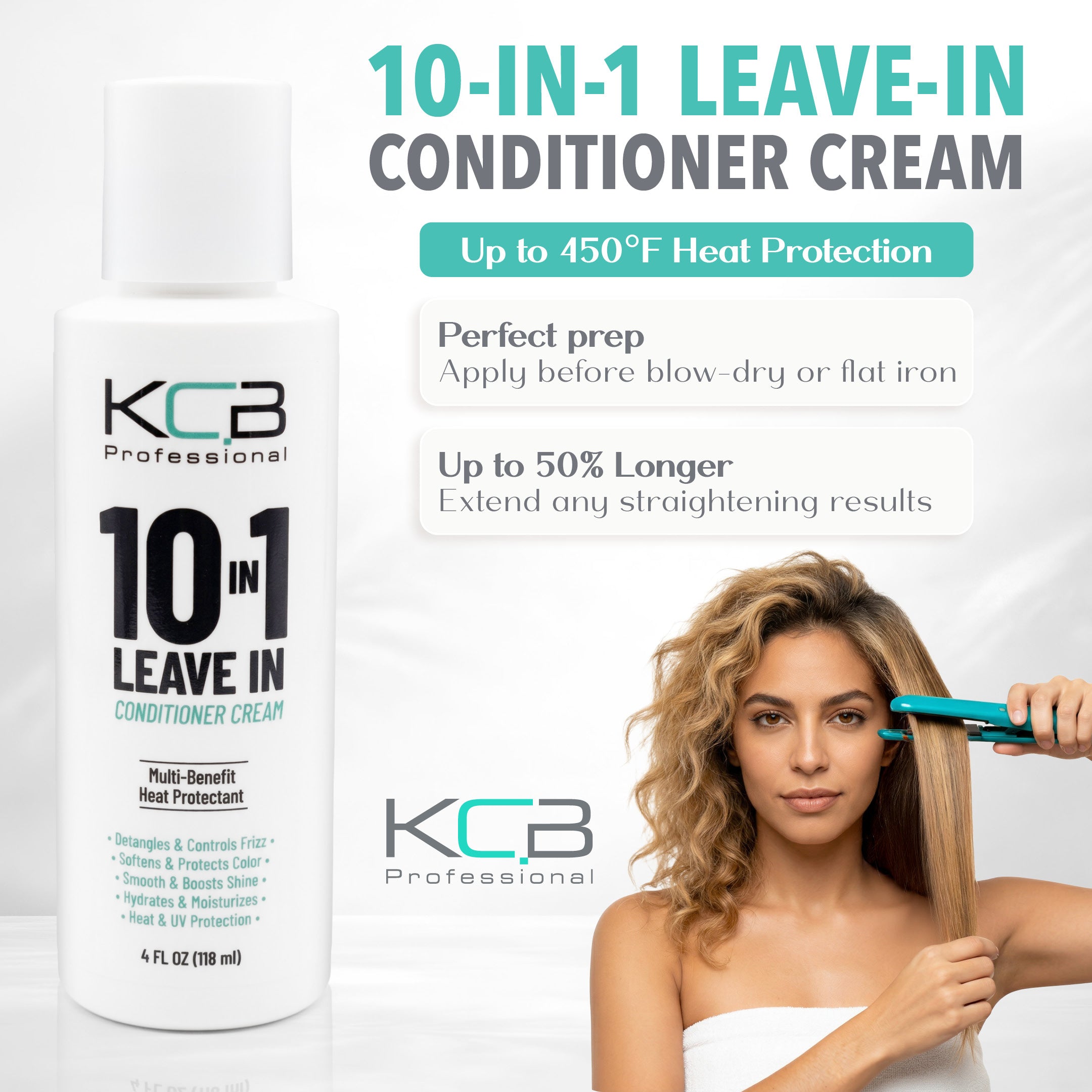 KCB Professional 10 in 1 Leave-in Conditioner Cream, Heat Protectant that Smooths, Conditions, Detangles, Strengthens, and Reduces Frizz, All Hair Types, 4 Fl Oz