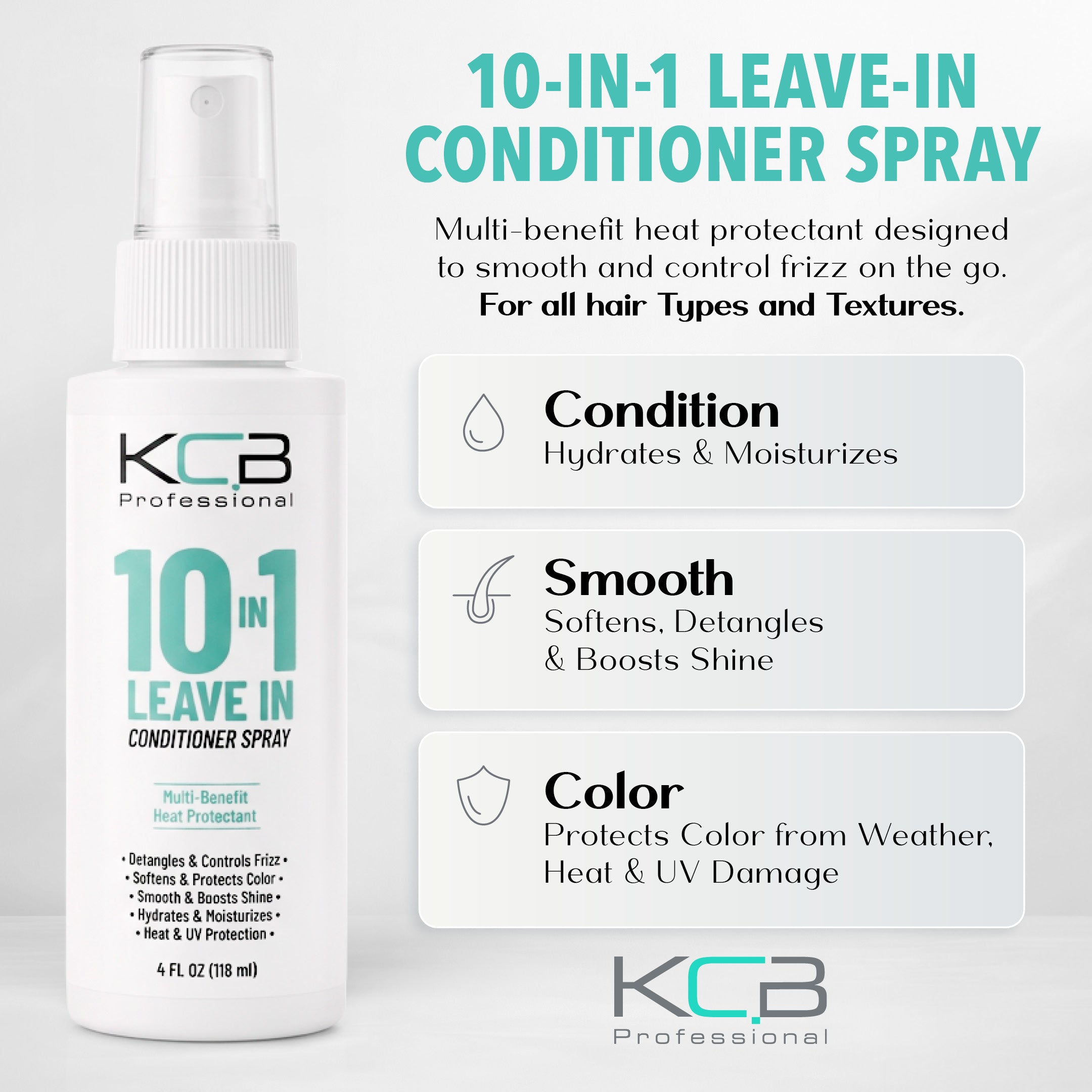 KCB Professional 10 in 1 Leave-in Conditioner Spray, Heat Protectant that Smooths, Conditions, Detangles, Strengthens, and Reduces Frizz, All Hair Types, 4 Fl Oz