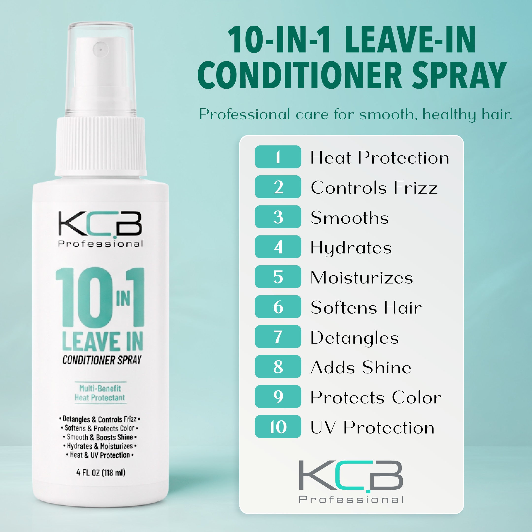 KCB Professional 10 in 1 Leave-in Conditioner Spray, Heat Protectant that Smooths, Conditions, Detangles, Strengthens, and Reduces Frizz, All Hair Types, 4 Fl Oz