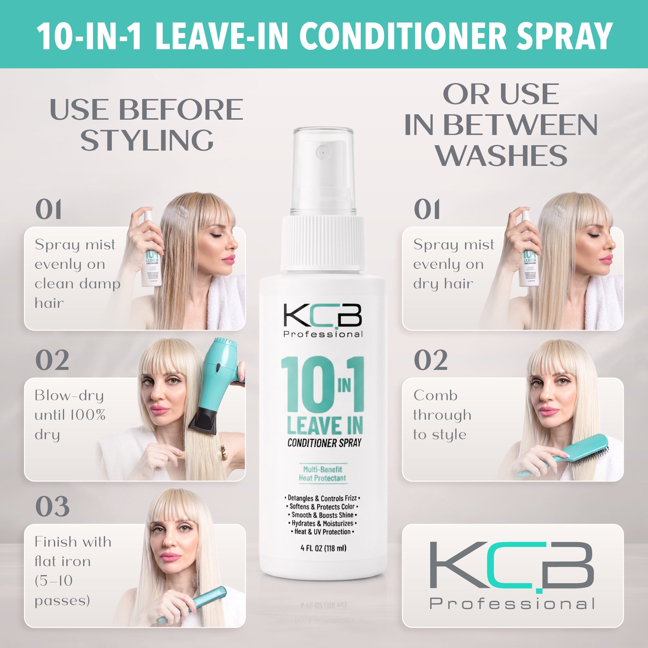 KCB Professional 10 in 1 Leave-in Conditioner Spray, Heat Protectant that Smooths, Conditions, Detangles, Strengthens, and Reduces Frizz, All Hair Types, 4 Fl Oz
