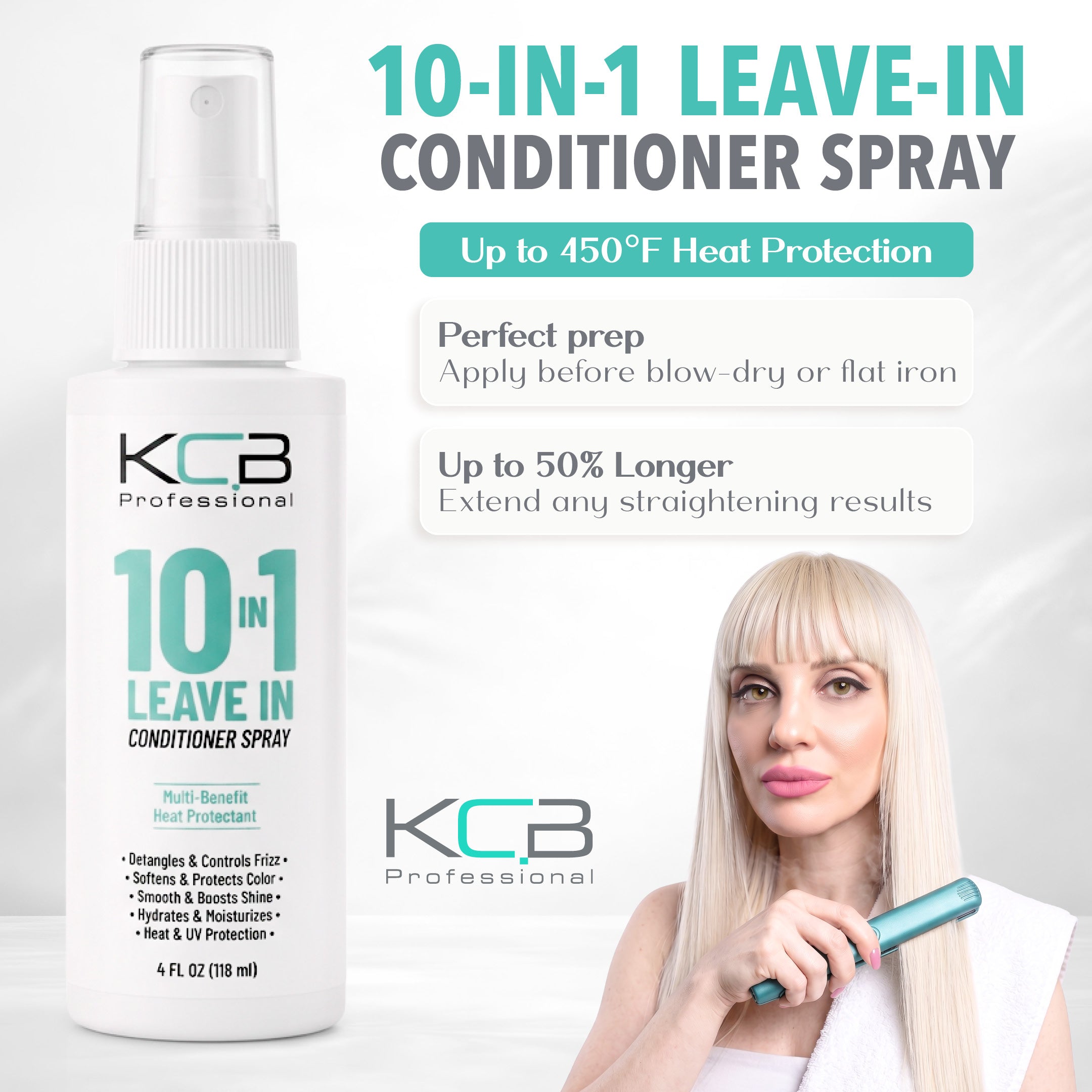 KCB Professional 10 in 1 Leave-in Conditioner Spray, Heat Protectant that Smooths, Conditions, Detangles, Strengthens, and Reduces Frizz, All Hair Types, 4 Fl Oz