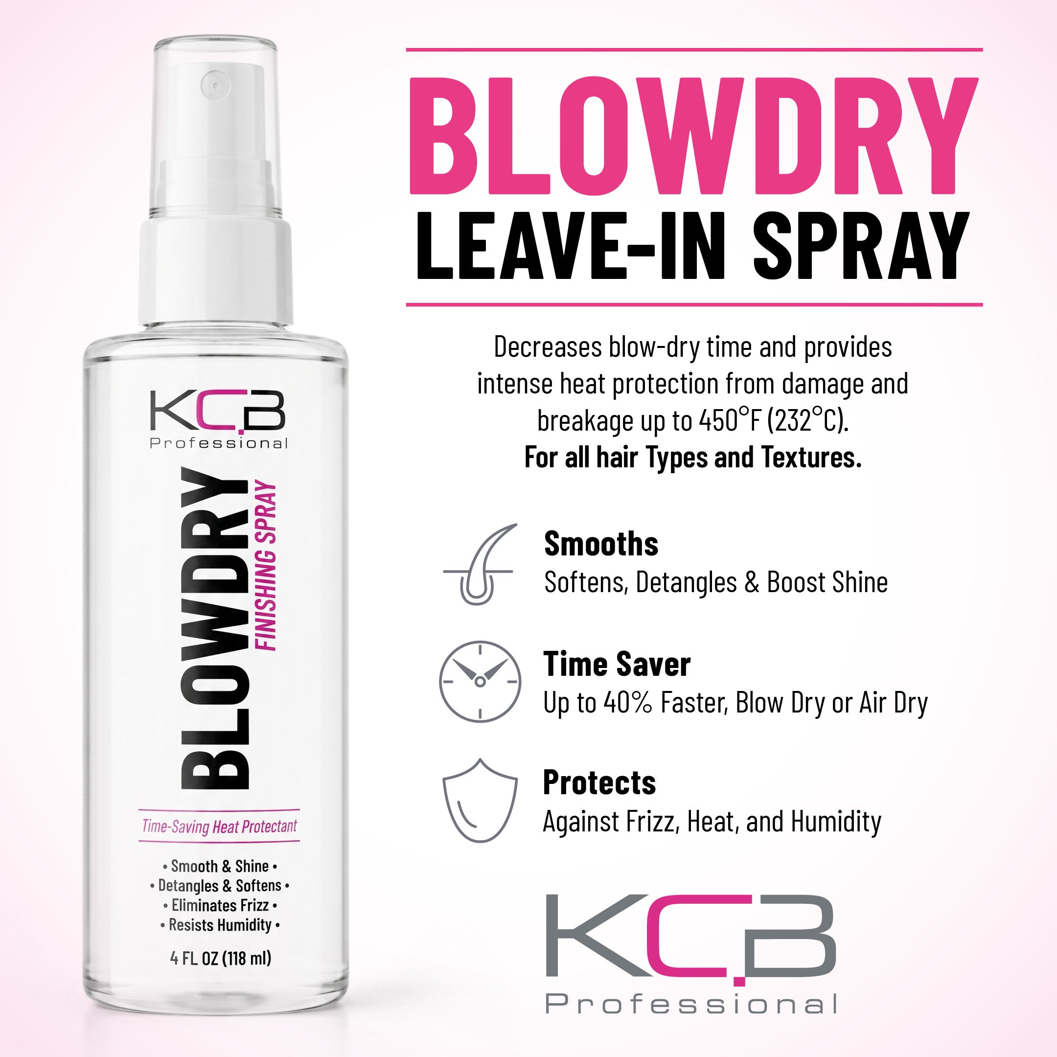 KCB Professional Blowdry Leave-in Conditioner Finishing Spray, Heat Protectant that Smooths, Resists Humidity, Detangles, Moisturizes, Adds Shine, and Reduces Frizz, All Hair Types, 4 Fl Oz