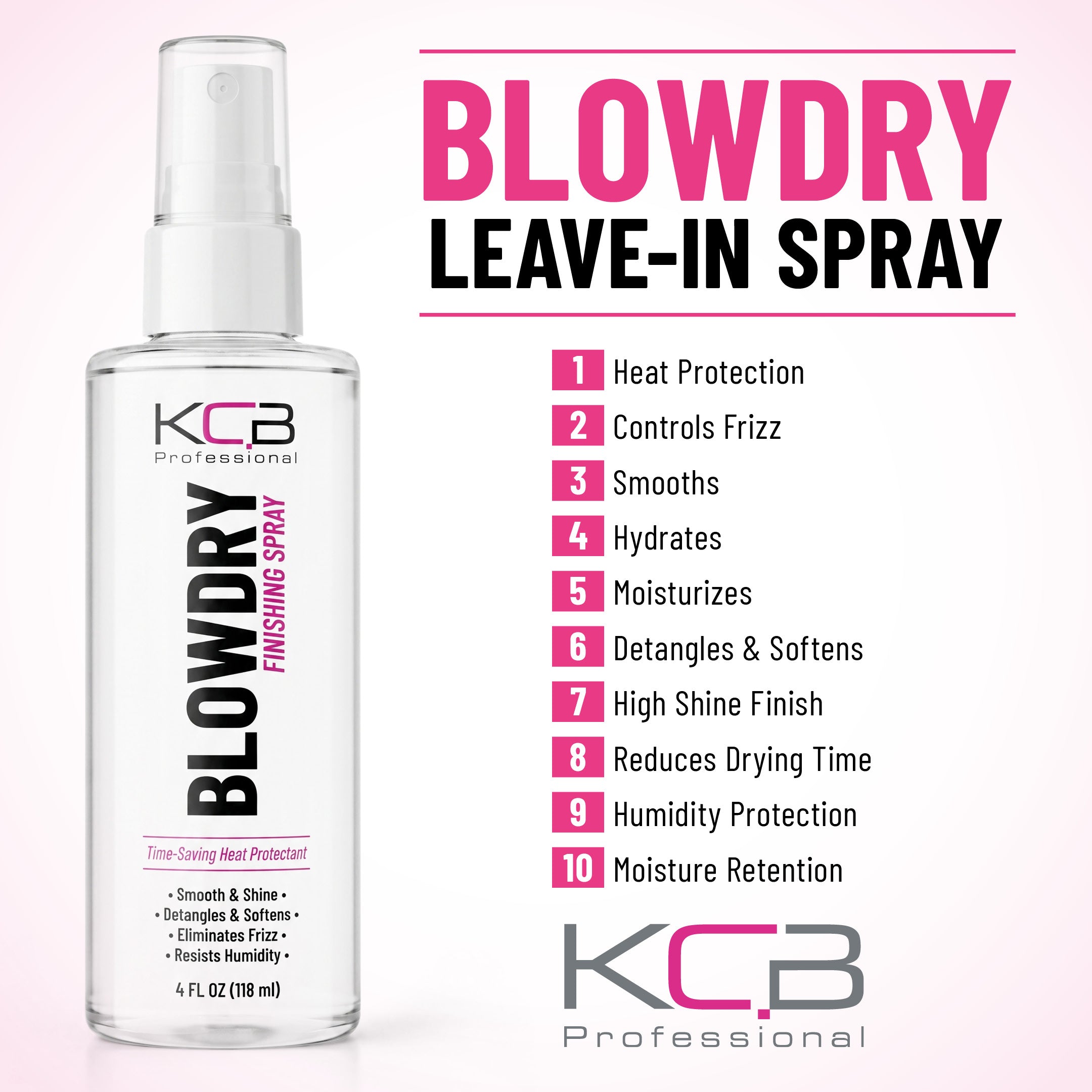 KCB Professional Blowdry Leave-in Conditioner Finishing Spray, Heat Protectant that Smooths, Resists Humidity, Detangles, Moisturizes, Adds Shine, and Reduces Frizz, All Hair Types, 4 Fl Oz