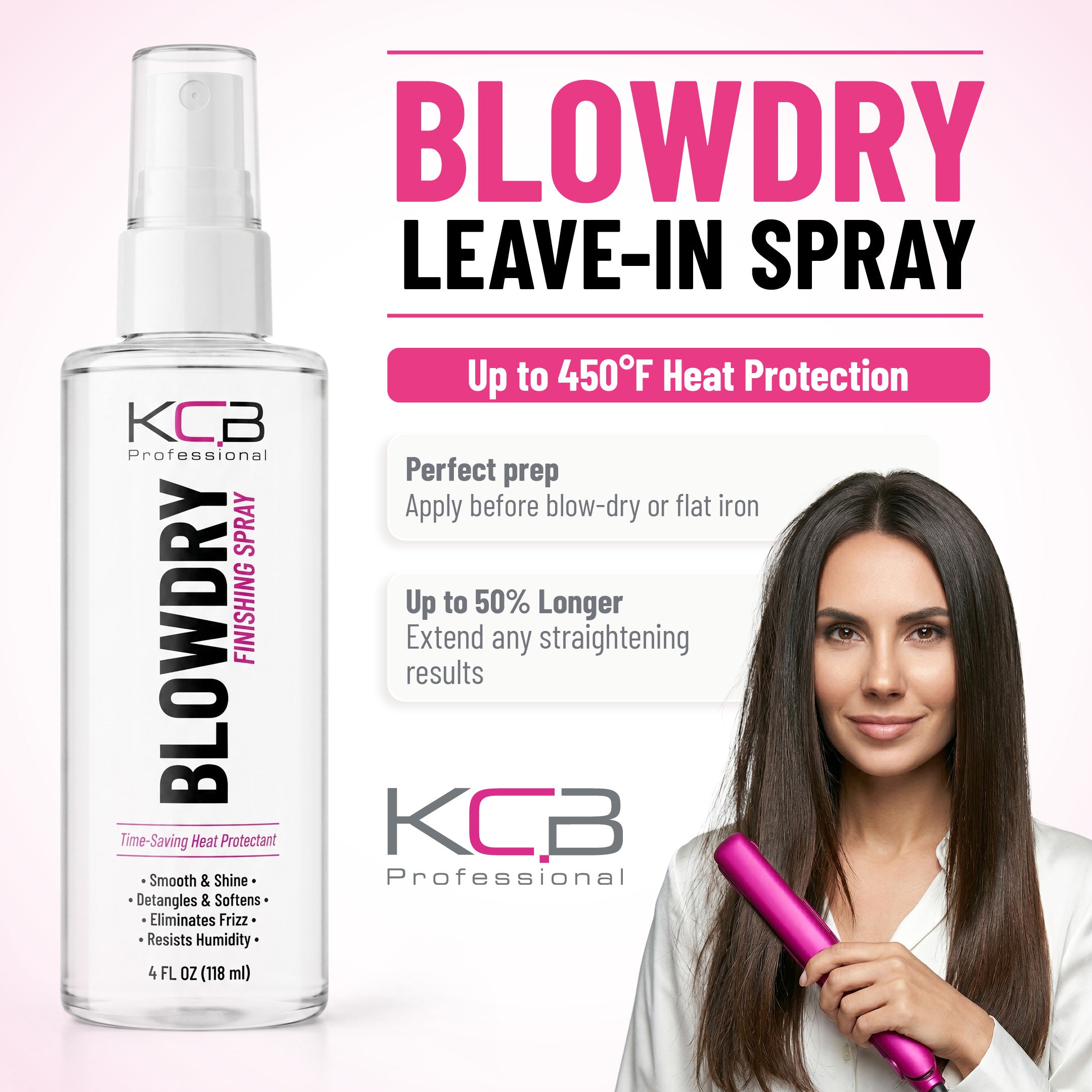 KCB Professional Blowdry Leave-in Conditioner Finishing Spray, Heat Protectant that Smooths, Resists Humidity, Detangles, Moisturizes, Adds Shine, and Reduces Frizz, All Hair Types, 4 Fl Oz