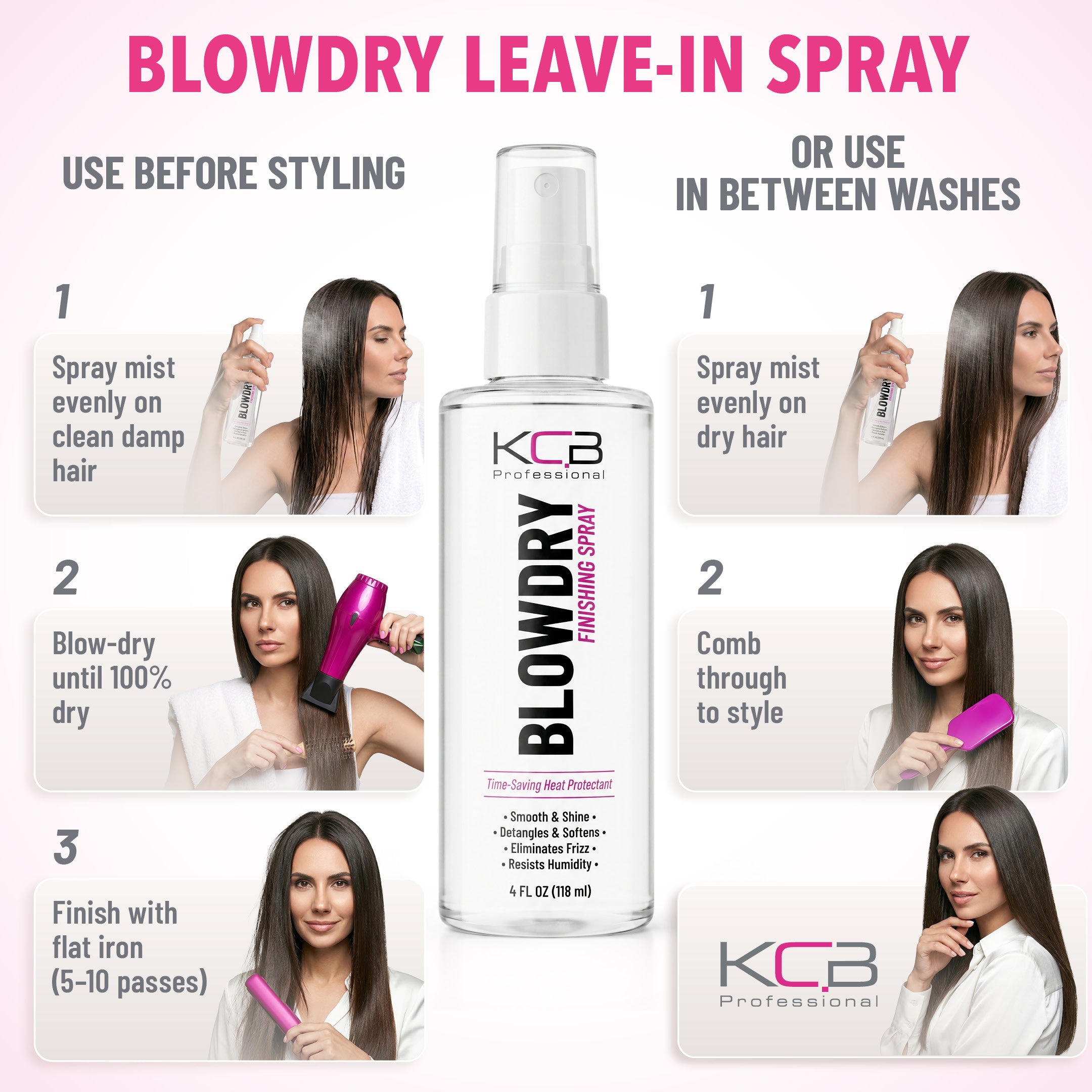 KCB Professional Blowdry Leave-in Conditioner Finishing Spray, Heat Protectant that Smooths, Resists Humidity, Detangles, Moisturizes, Adds Shine, and Reduces Frizz, All Hair Types, 4 Fl Oz