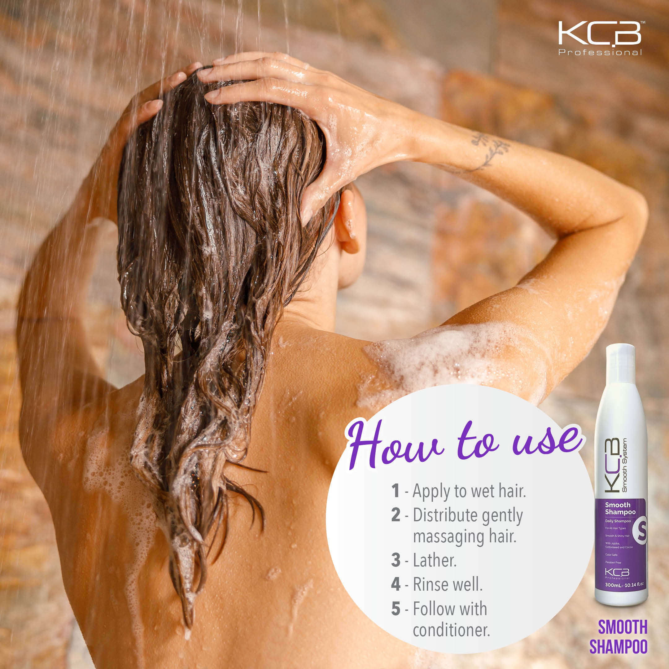 KCB Professional Smooth Shampoo for Smoothing and Hair Frizz Control. Cleansing, Softness, Manageability, All Hair Types, 10.14 Fl oz / 300ml. Enriched with Jojoba Oil, Cottonseed and Cocoa Butter.