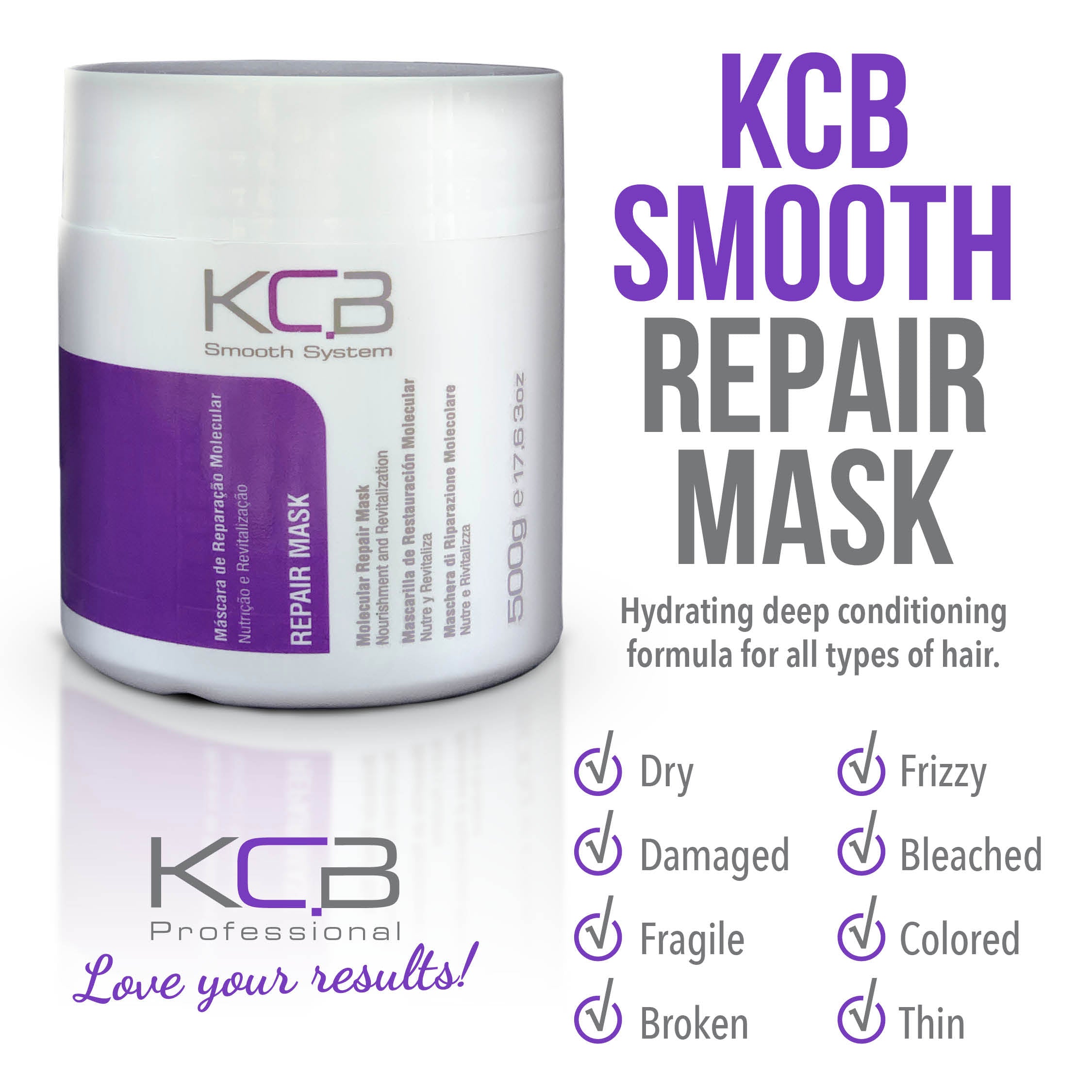 KCB Professional Smooth Repair Hair Mask for Smoothing, Deep Conditioning, Bonding Hair Treatment, Frizz Control, All Hair Types, 17.63 oz / 500g. Enriched with Jojoba Oil, Coconut and Cocoa Butter.